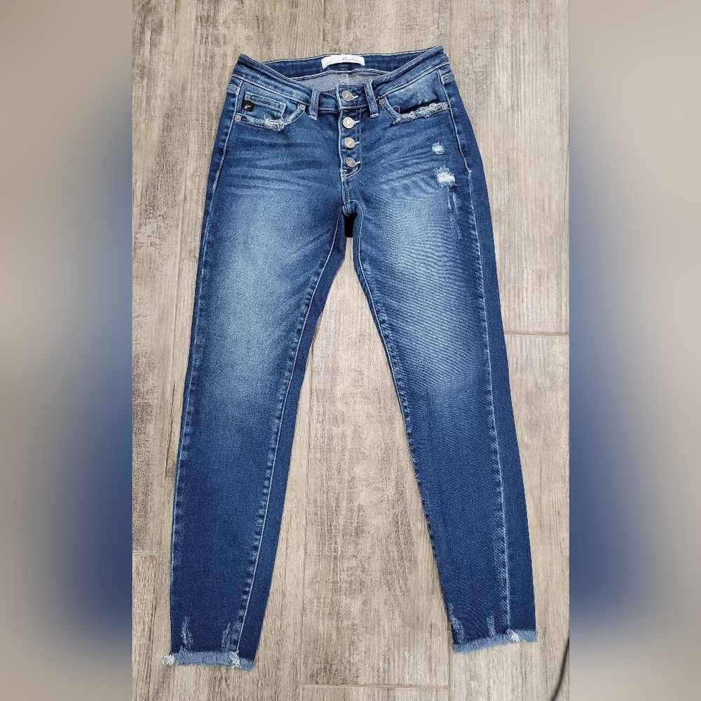 KanCan Distressed Button-Fly Skinny Jeans - Dark Blue